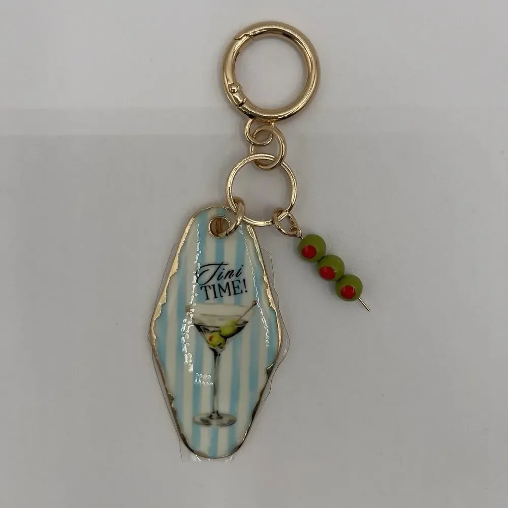 Piper K Tini Time Martini Glass Keychain Bag Charm Blue Stripe Beads Olive Retro
